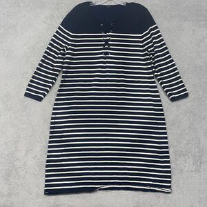 Talbots Dress Womens Extra Large Blue Stripe Shift Pullover‎ Cotton Lace Up